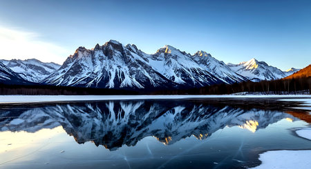 Beautiful winter landscape with snow-capped mountains and reflection in lakeの素材