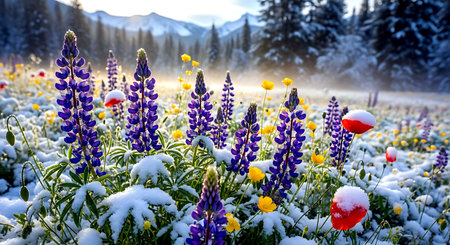 Colorful lupine flowers covered with snow in mountains at sunsetの素材