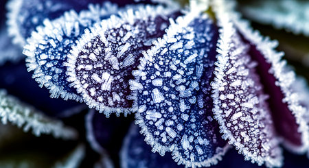 Close up of frozen flowers in the frost. Macro shot with shallow depth of field.の素材