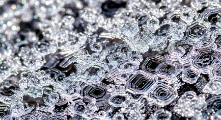 Close-up of a lot of silver sequins on black backgroundの素材