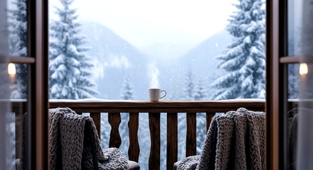 Cup of coffee on the balcony in the mountains. Winter landscapeの素材