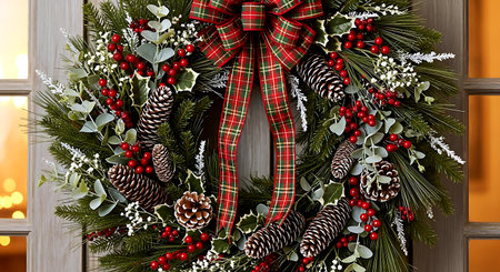 Christmas wreath with red and green bow, pine cones, mistletoe, holly berries.の素材
