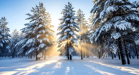 Beautiful winter landscape with snow covered trees and sunbeams.の素材