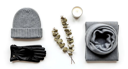 winter clothing set with scarf, hat, gloves and candle on white background top viewの素材