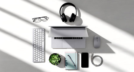 Top view of modern workplace with computer, keyboard, mouse, notebook, coffee cup and smartphone on white background. Flat lay.の素材