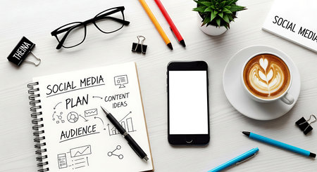 Top view of modern workplace with mobile phone, notebook, stationery and coffee cup. Mock upの素材