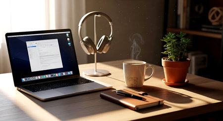 Workplace with laptop, headphones and coffee cup on wooden table at homeの素材