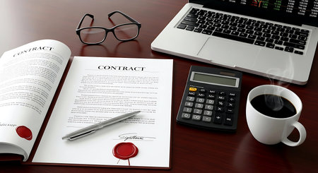 calculator, laptop and coffee on the table. 3d renderingの素材