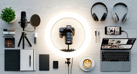 Top view of modern workplace with camera, notebook, laptop and coffee cup on wooden background.の素材