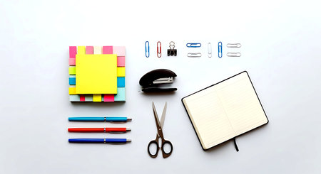 School and office supplies on white background. Back to school concept.の素材