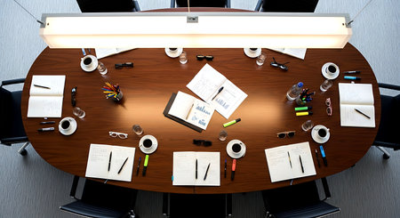 Aerial view of a business meeting table, 3D rendering.の素材
