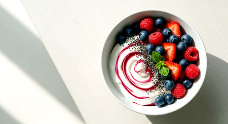 Delicious yogurt with fresh berries in bowl on wooden table, top viewの素材