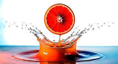 Falling drops of water and grapefruit on a white background.の素材