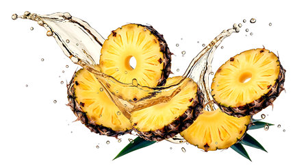 Pineapple slices with water splash isolated on white background. 3d illustrationの素材