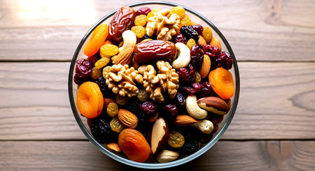 Mix of nuts and dried fruits in a glass bowl on wooden backgroundの素材