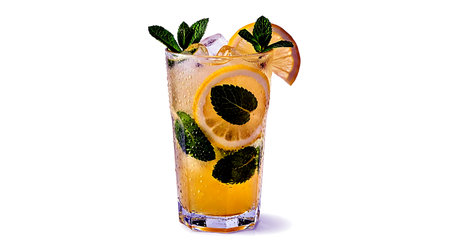 Cocktail with lemon, mint and ice on a white backgroundの素材
