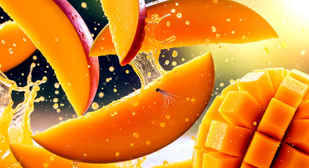 Mango fruit with splashes of juice. 3d illustration.の素材