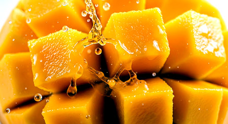 mango cubes with ice cubes on a white background close-upの素材