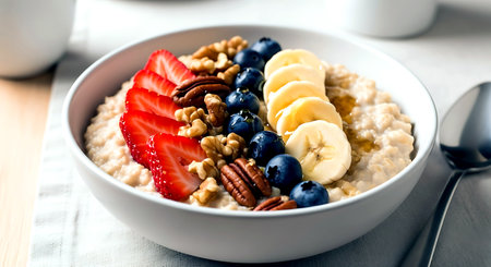 Oatmeal porridge with fresh berries, banana and pecan nuts for healthy breakfastの素材