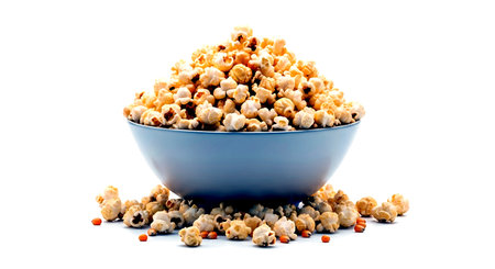 Popcorn in a blue bowl isolated on white background. Selective focus.の素材