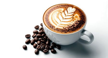 Coffee cup with latte art and coffee beans on white backgroundの素材