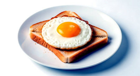 Fried egg on toast on white plate isolated on white background.の素材