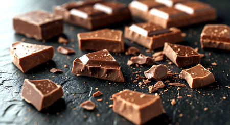 Pieces of chocolate on a black background, close-up.の素材