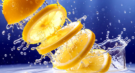 Lemon slices falling into water with splash, on blue background.の素材