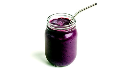 Blueberry smoothie in a glass jar with a straw on a white backgroundの素材