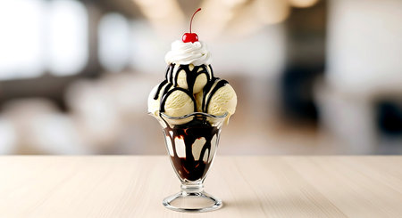 Ice cream sundae with chocolate and cherry in glass on wooden tableの素材