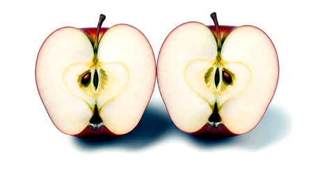 Two halves of red apple isolated on white background with clipping path.の素材