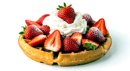 Waffle with strawberries and whipped cream on a white background. Isolated.の素材