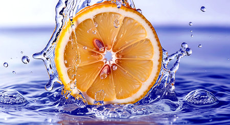 fresh water splash with slice of lemon on blue backgrounの素材