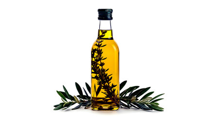 Olive oil in a bottle with olive branch on a white backgroundの素材
