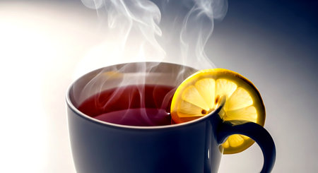 Cup of hot tea with lemon and smoke, close-upの素材