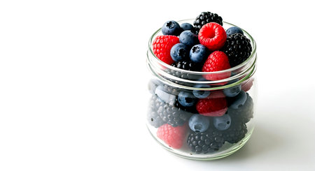 Blackberry, blueberry and raspberry in glass jar on white backgroundの素材