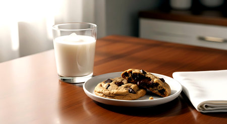 Chocolate chip cookies and a glass of milk on a wooden tableの素材