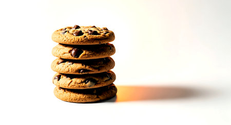 Chocolate chip cookies on a white background with a beam of lightの素材