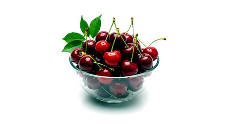 Cherries in a glass bowl on a white background. Isolatedの素材