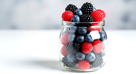 Mason jar with mixed berries on white table, closeup viewの素材