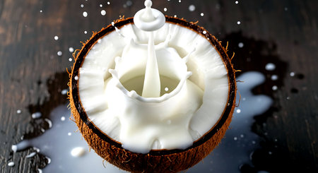 Coconut with milk splash on black wooden background. 3d renderingの素材