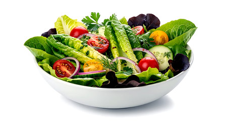 Fresh vegetable salad in a bowl isolated on white background with clipping pathの素材
