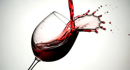 red wine splashing out of a glass, isolated on white backgroundの素材
