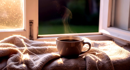 Cup of coffee on the windowsill with knitted blanket.の素材