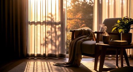 Cozy living room with armchair and coffee table at sunset.の素材