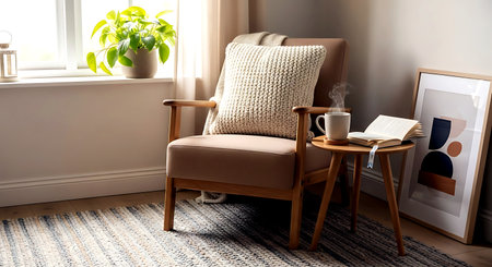 Comfortable armchair with book and cup of coffee in living roomの素材