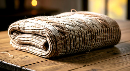 Close up of knitted woolen blanket on a wooden table.の素材