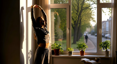 Young beautiful woman standing near the window and stretching her arms at sunsetの素材