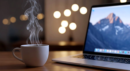 Coffee cup and laptop on the wooden table in coffee shopの素材