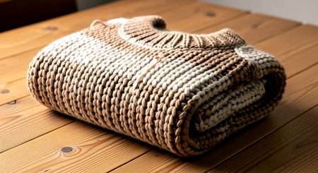 Woolen clothes on a wooden table. Selective focus.の素材